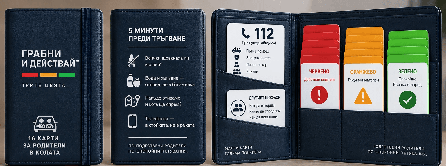 Калъфът ГРАБНИ И ДЕЙСТВАЙ: предна корица, задна корица и отворен калъф с картите по цветове